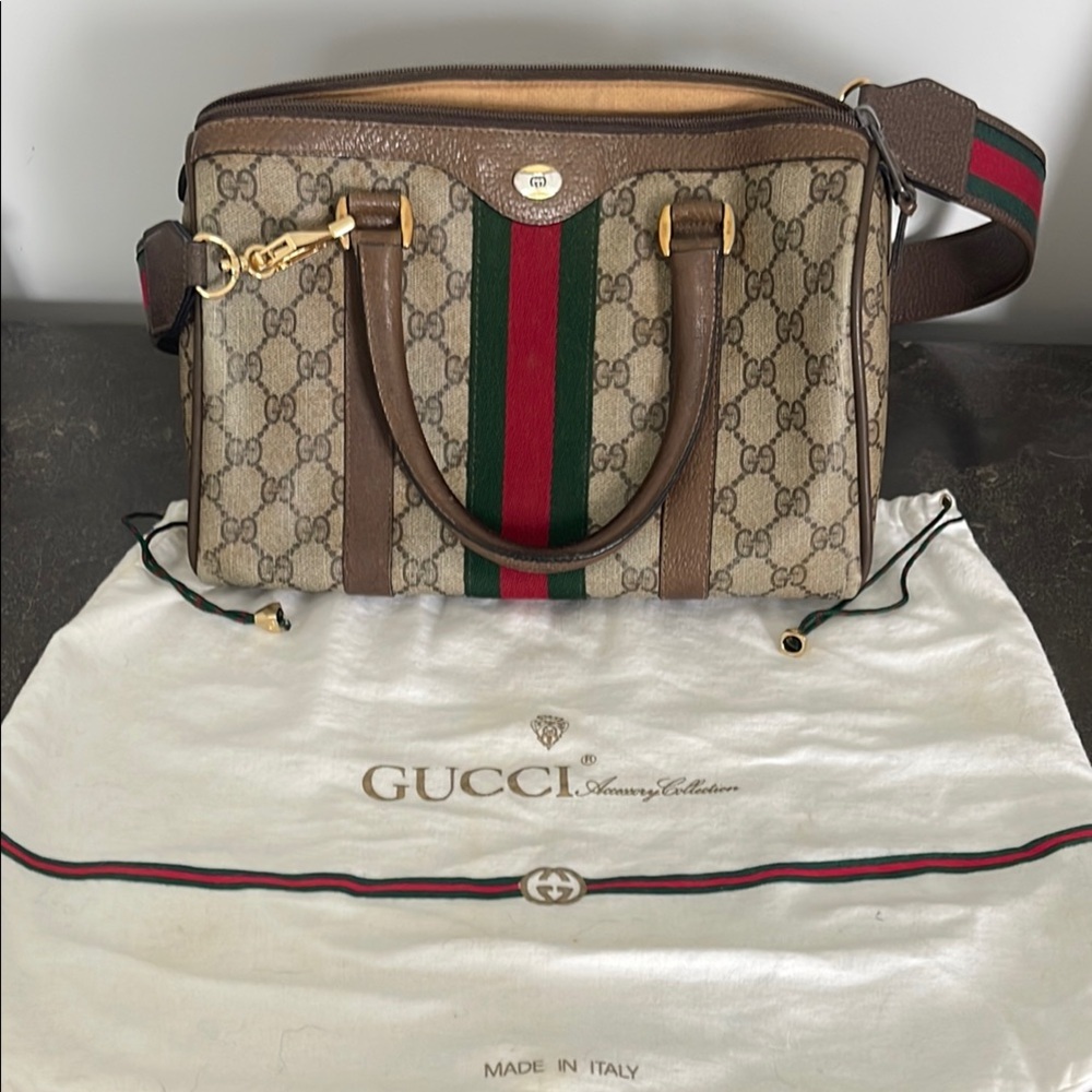 Gucci Beige and Brown Monogram Bag with Green Accent